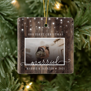 Rustik vår första jul, gift 2 foto julgransprydnad keramik