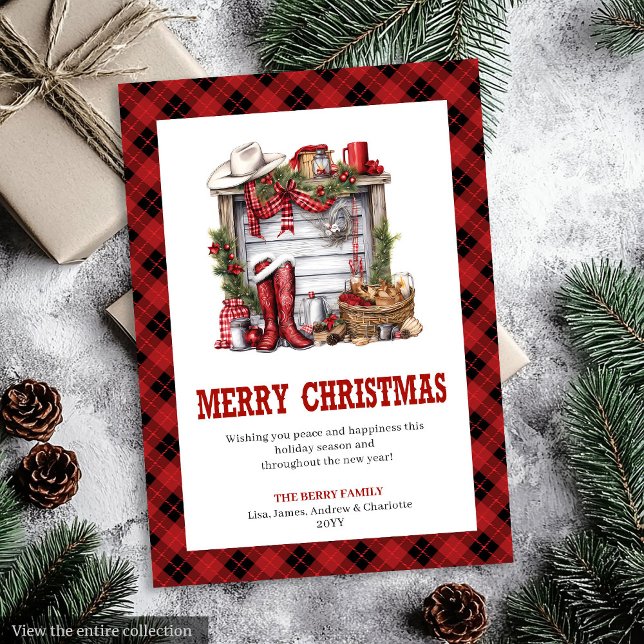 Rustik västerländsk gratulationskort i buffelbård  julkort (Rustic Western greeting card buffalo plaid style

)