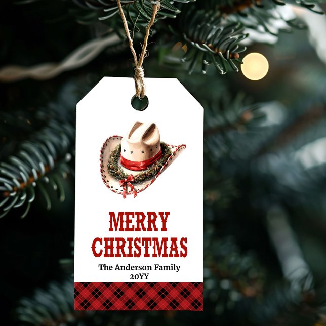 Rustik västerländsk julklappsetikett med cowboyhat presentetikett (Rustic Western Christmas gift tag with cowboy hat)