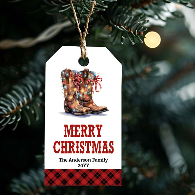 Rustik västerländsk julpresentkorthäfte cowboy boo presentetikett (Rustic Western Christmas gift tag with cowboy hat)