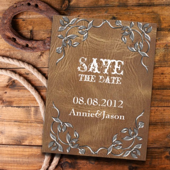 rustik västerländsk läderhittillsvidare-behåll dat meddelande vykort (rustic Western Leather Wedding save the date Announcement Postcard)