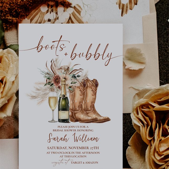 Rustik västerländska stövlar och bubblig bröllopsf inbjudningar (Boho Rustic Western Boots and Bubbly Bridal Shower Invitation Card)
