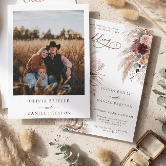 Rustik västern boho Pampas gräs Foto Bröllop Inbjudningar