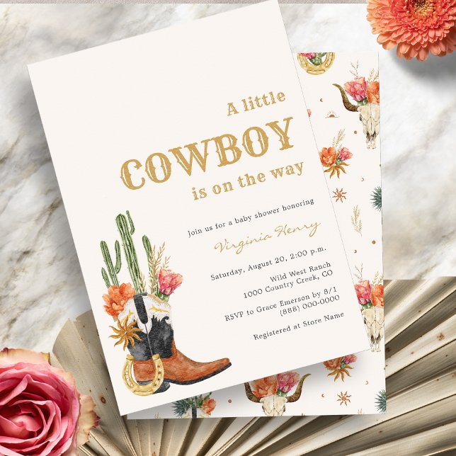 Rustik västern cowboy baby shower inbjudningar (Rustic Wild West Theme A Little Cowboy Baby Shower Invitation with Cactus by Painted Paperie
)