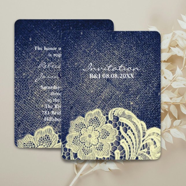 rustik västern landsbygd Blå denim och spets bröll Inbjudningar (rustic western country navy blue lace wedding invitation)