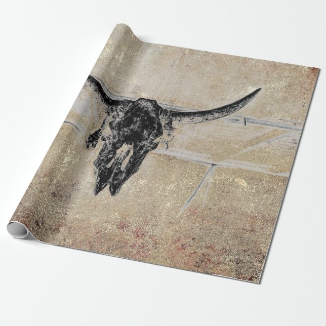 Rustik västern svart tjur skalle sepia textur presentpapper (Utrullad)