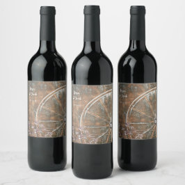 Rustik västern vintage brun vit vagnshjul vinflaska etikett