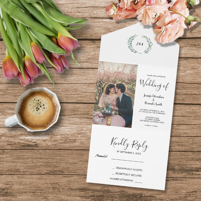 Rustik vattencolor lövs monogram-foto Bröllop (Rustic watercolor leaves monogram photo Wedding All In One Invitation. Invitation and RSVP in one.)