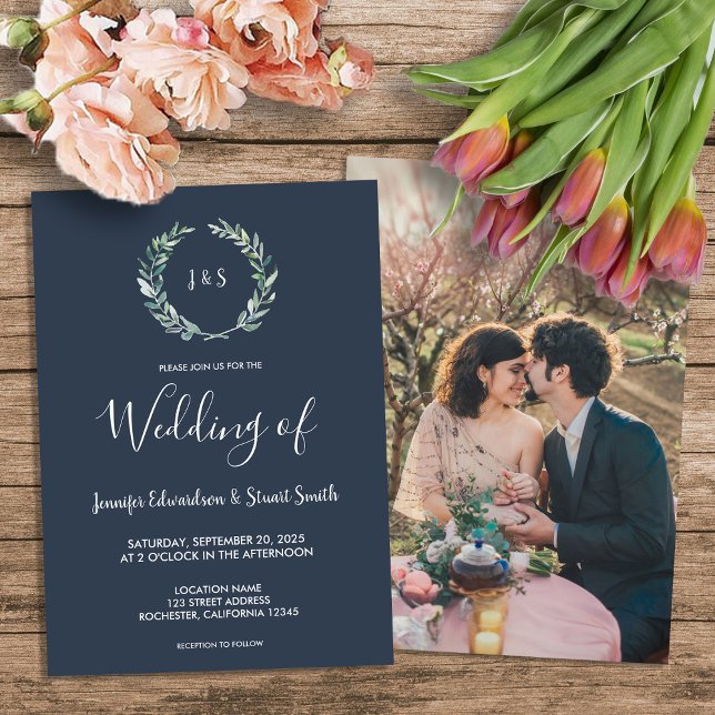 Rustik vattencolor lövs monogram-foto Bröllop Inbjudningar (Rustic watercolor leaves monogram photo country Wedding Invitation.)
