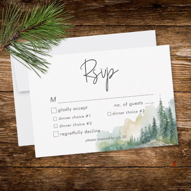 Rustik vattendrag i bergen vattenfärg middag OSA kort (Rustic Mountain Lake Scene Watercolor Dinner RSVP Card)