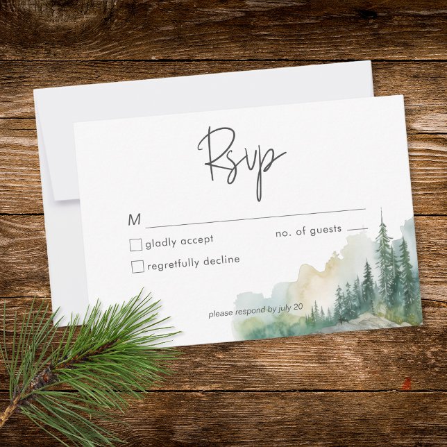 Rustik vattendrag i bergen vattenfärg middag OSA kort (Rustic Mountain Lake Scene Watercolor Dinner RSVP Card)