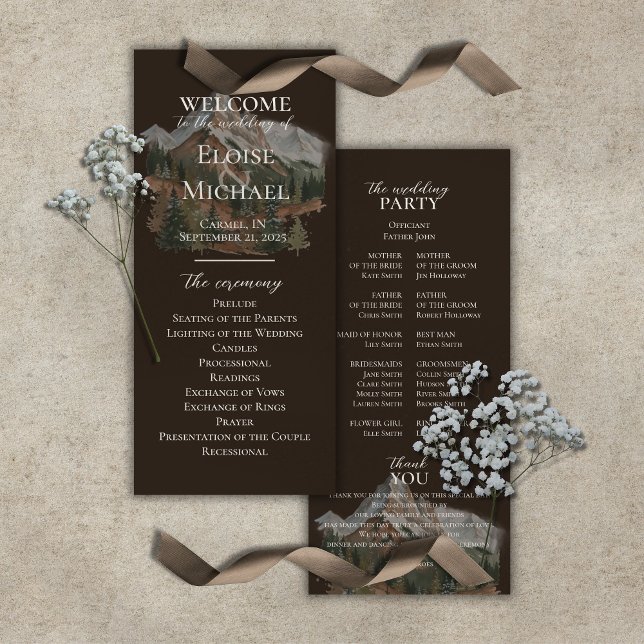 Rustik vattenfärg berg bröllopsprogram (Rustic Watercolor Mountain Ceremony Program)