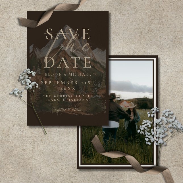 Rustik vattenfärg berg foto bröllop  spara datumet (Rustic Watercolor Mountain Photo Wedding Save The Date)