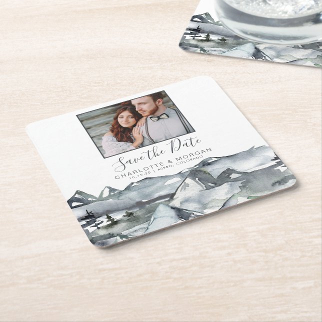 Rustik vattenfärg berg Foto Spara datum  Underlägg Papper Kvadrat (Vinklad)