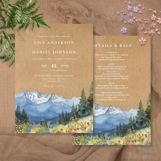Rustik vattenfärg berg vildblomma bröllop inbjudningar (Rustic Watercolor Mountain Wildflower Wedding Invitation)