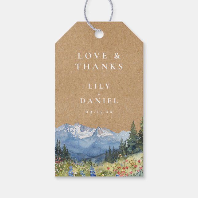 Rustik vattenfärg berg vildblomma bröllop presentetikett (Framsidan)