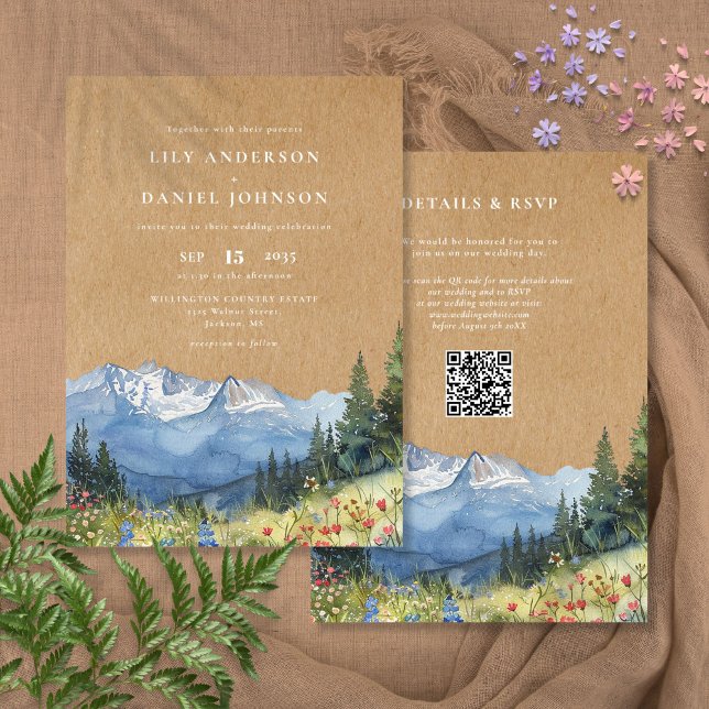 Rustik vattenfärg bergsblomma QR-kod bröllop Inbjudningar (Rustic Watercolor Mountain Floral QR Code Wedding Invitation)
