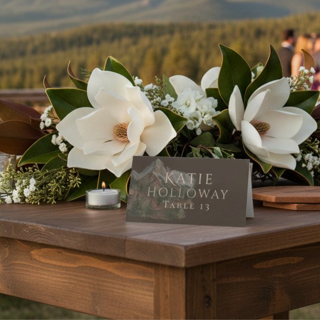 Rustik vattenfärg bergslandskap bröllop placeringskort (Rustic Watercolor Mountain Landscape Wedding Place Card)