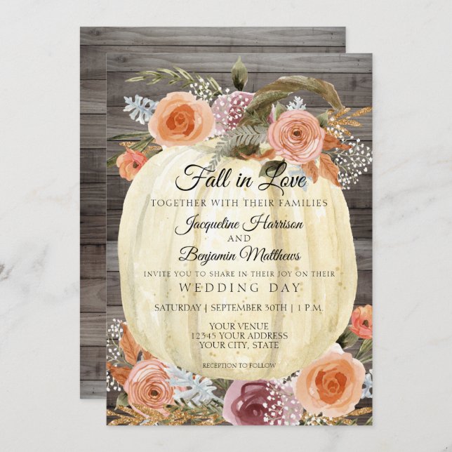 Rustik Vattenfärg Blommig Orange Plommon Guld Pump Inbjudningar (Fram/baksida)