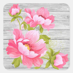 Rustik vattenfärg blommig rosa peony grå trä fyrkantigt klistermärke