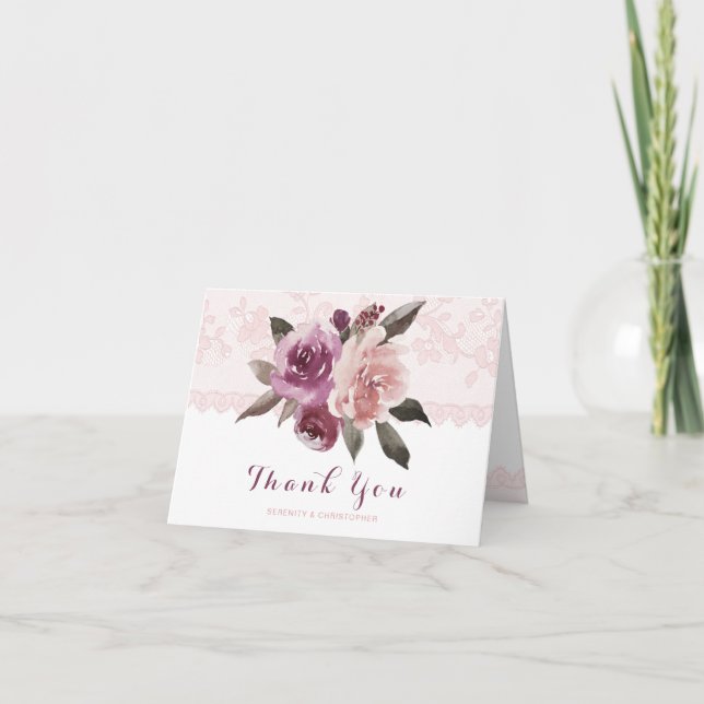 Rustik vattenfärg blommig spets bröllop tack kort (Framsida)