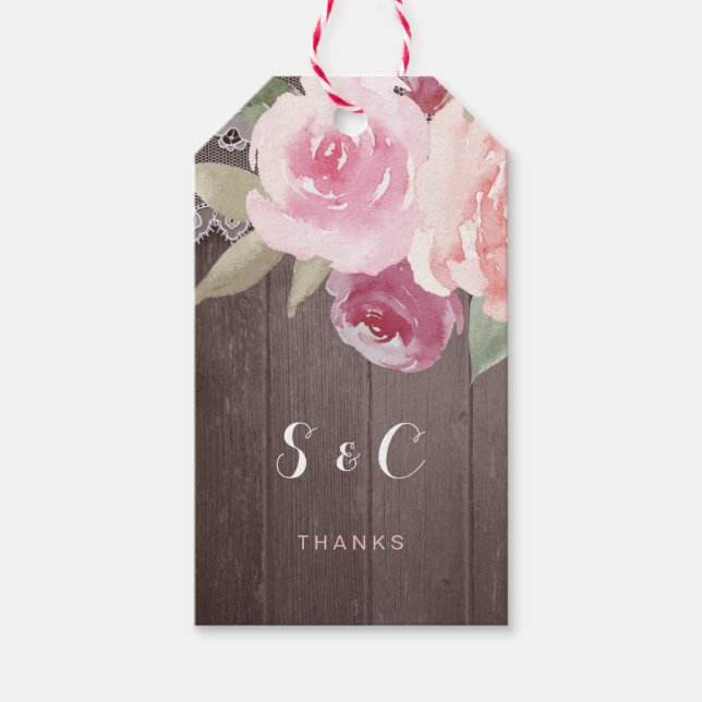 Rustik vattenfärg blommigt snöre bröllop monogram presentetikett (Framsidan)