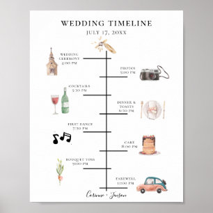 Rustik vattenfärg brölloppsprogram tidsplan poster