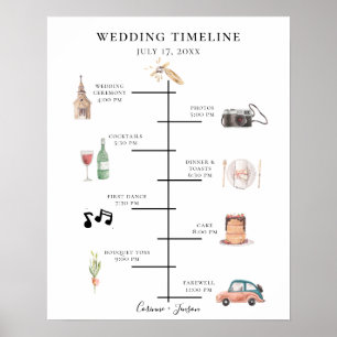 Rustik vattenfärg brölloppsprogram tidsplan poster