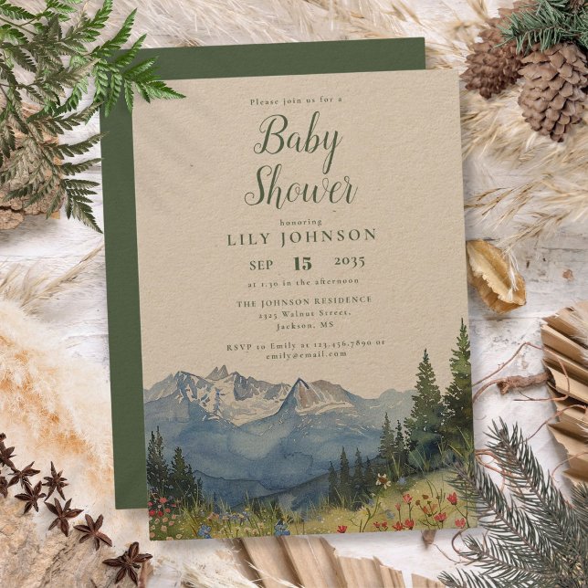 Rustik vattenfärg fjällblomma baby shower inbjudningar (Rustic Watercolor Mountain Wildflower Baby Shower Invitation)