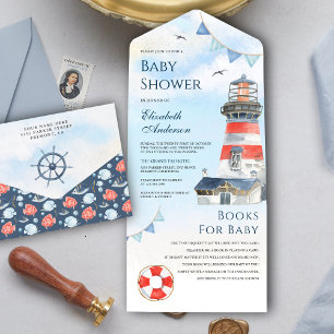 Rustik vattenfärg fyr Sjöfart Baby Shower
