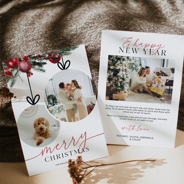 Rustik Vattenfärg Grönska Familjefoto Julkort (Rustic Watercolor Ornament Family Photo Christmas Card)