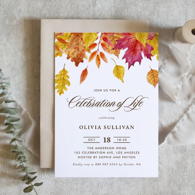 Rustik Vattenfärg Höstblad Firande Av Livet Inbjudningar ( Autumn Watercolor Leaves Celebration of Life Invitation with Matching Back Pattern)
