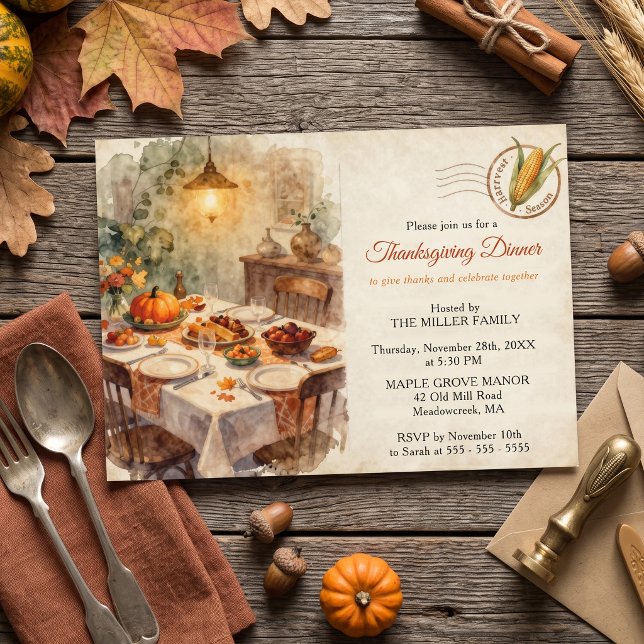 Rustik vattenfärg Höstfest Thanksgiving-middag Inbjudningar (Skapare uppladdad)