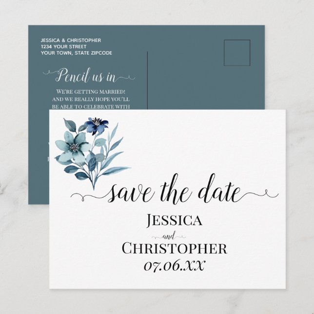 Rustik vattenfärg illustration Blå blomsterbukett Meddelande Vykort (Fram/baksida)