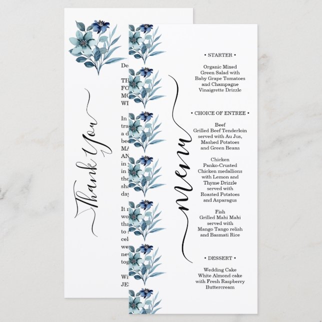 Rustik vattenfärg illustration Blå blomsterbukett Meny (Fram/baksida)