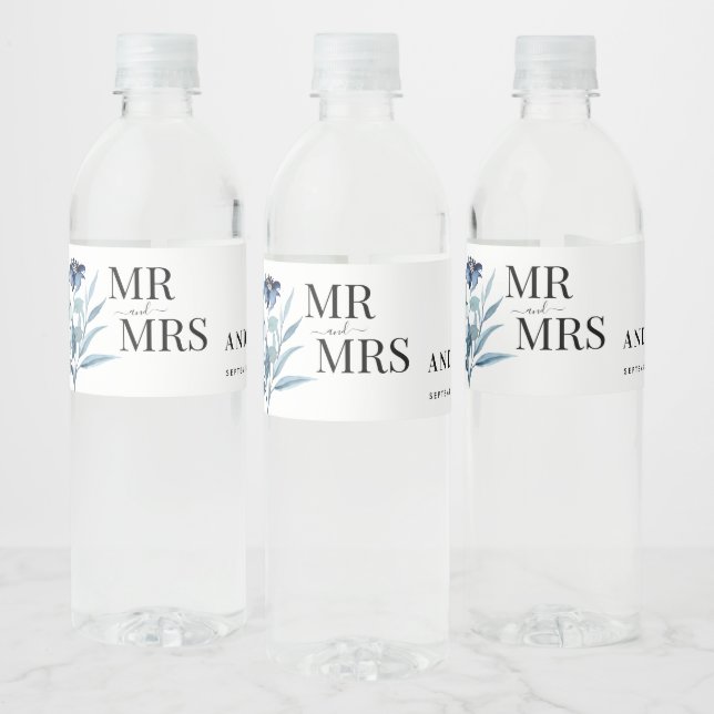 Rustik vattenfärg illustration Blå blomsterbukett Vattenflaskor Etikett (Flaskor)