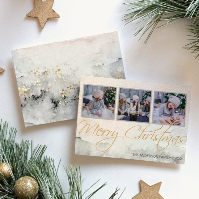 Rustik Vattenfärg Julkort med Tre Bilder God Jul (Skapare uppladdad)
