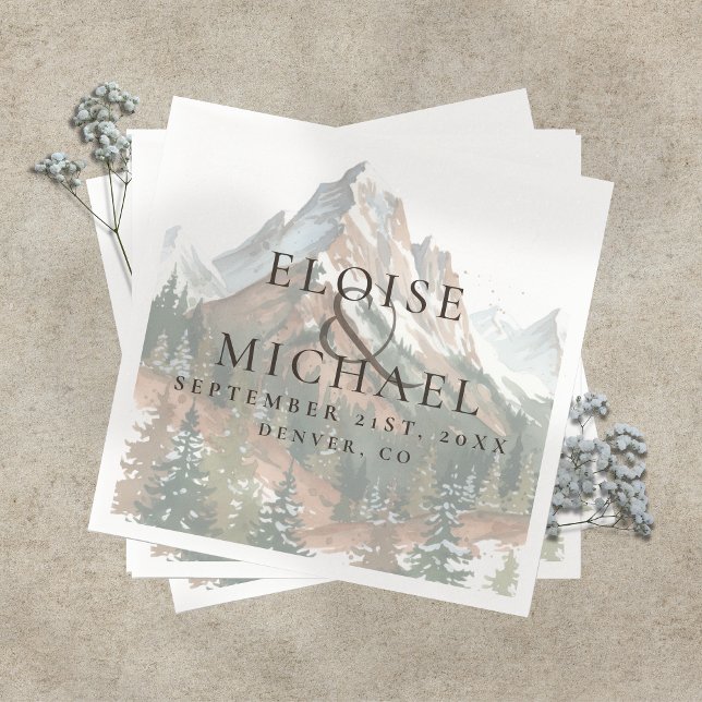 Rustik vattenfärg landskaps bergbröllop pappersservett (Rustic Watercolor Mountain Landscape Wedding Napkins)