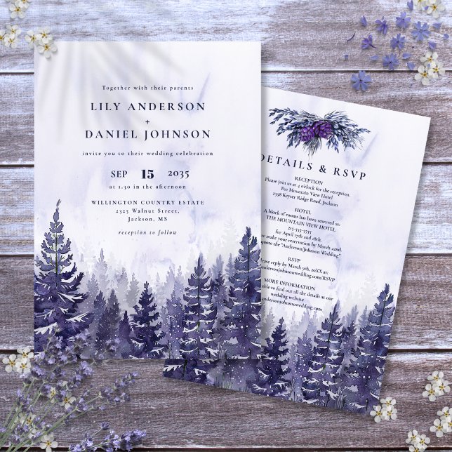 Rustik vattenfärg lila tall skog bröllop inbjudningar (Rustic Watercolor Purple Pine Tree Forest Wedding Invitation)