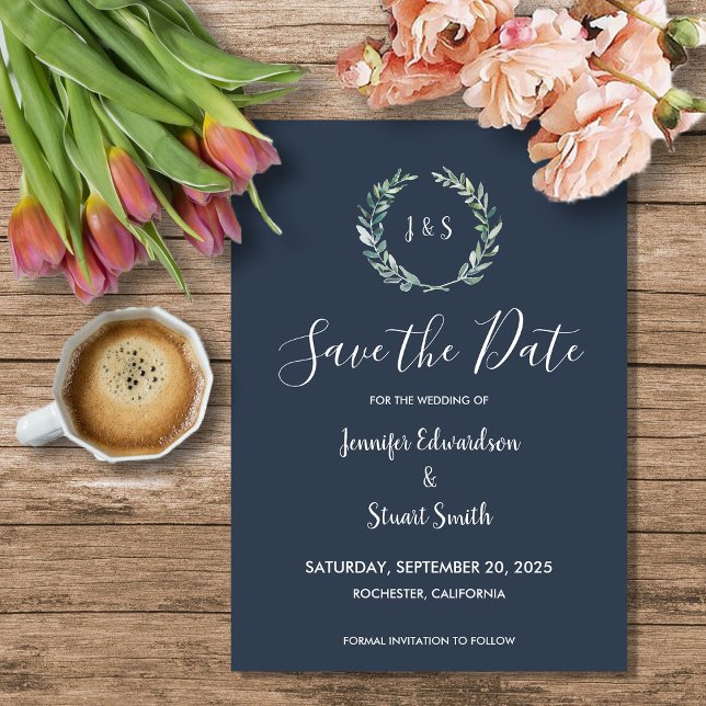 Rustik vattenfärg löv marin Sparat datumet Magnetisk Inbjudningskort (Rustic watercolor leaves navy blue monogrammed magnetic save the date card.)