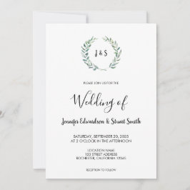 Rustik vattenfärg löv monogram landsbyggsbröllop inbjudningar