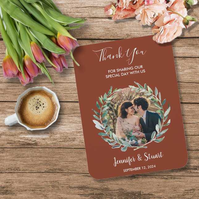 Rustik vattenfärg lövs Tack-foto bröllop Magnet (Rustic watercolor leaves Thank You photo wedding Magnet. You can add your own text to personalize.)