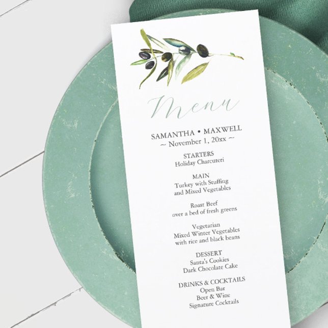 Rustik vattenfärg olivkvist bröllopsdekor menyer (wedding menu card botanical watercolor stationery olive branch)