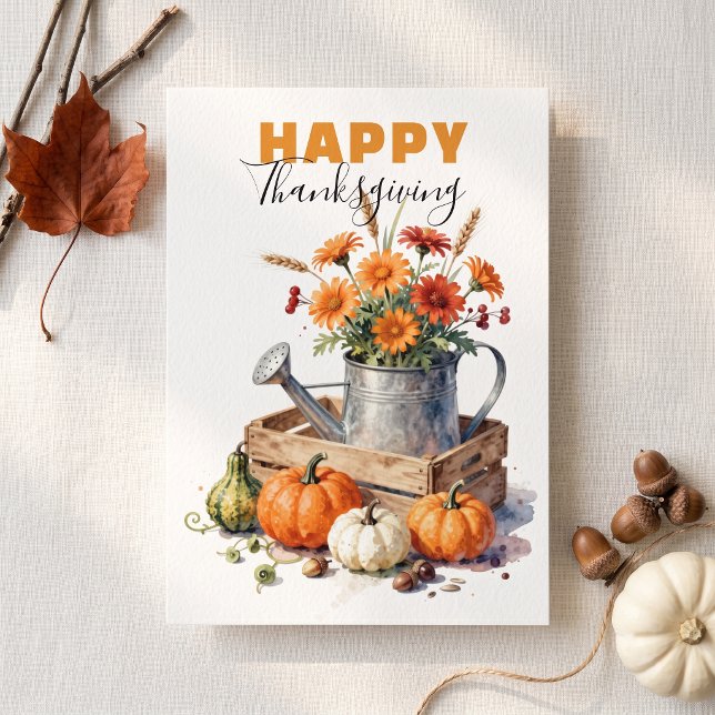 Rustik Vattenfärg Pumpa Höst Blommig Thanksgiving Kort (Skapare uppladdad)