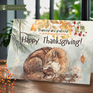 Rustik Vattenfärg Räv Glad Thanksgiving-kort Helgkort