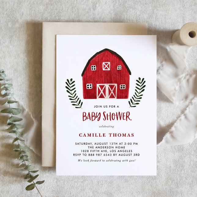 Rustik vattenfärg röda lada baby shower QR-kod Inbjudningar (This rustic farm baby shower QR code invitation features a watercolor red barn illustration.)