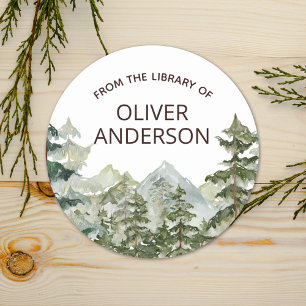 Rustik vattenfärg skog och berg exlibris runt klistermärke