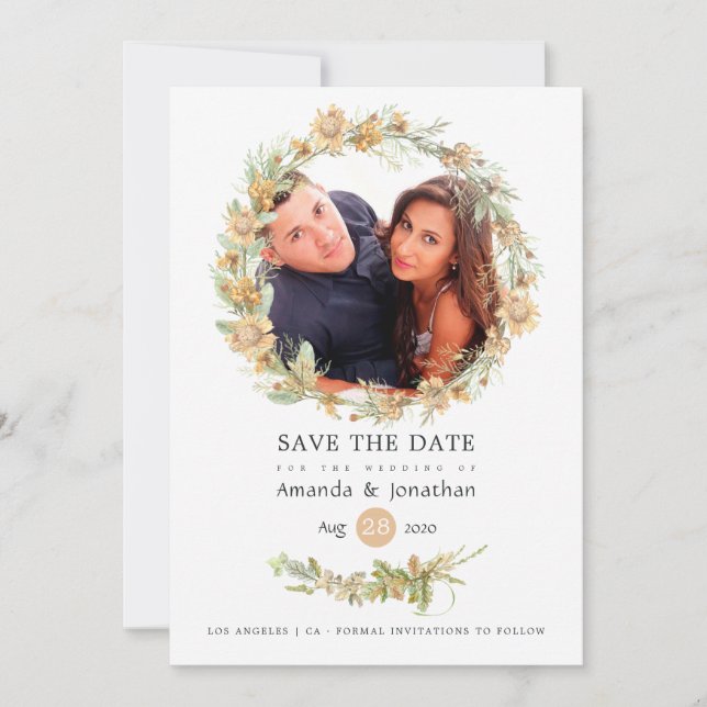 Rustik vattenfärg skog vildblomma bröllopsfoto spara datumet (Framsida)