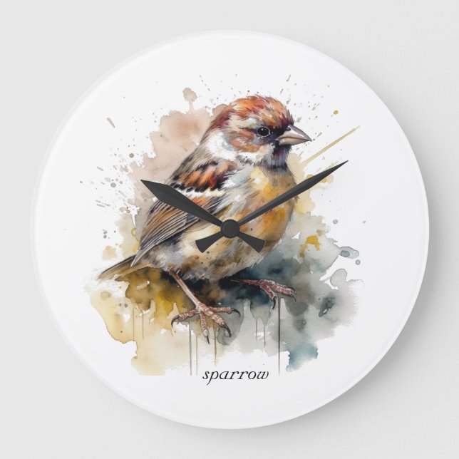 Rustik Vattenfärg Sparrow, anpassad Stor Klocka (Framsida)