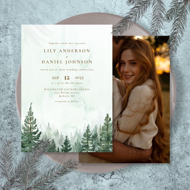 Rustik Vattenfärg Tall Skog Foto Bröllop Inbjudningar (Rustic Watercolor Pine Tree Forest Photo Wedding Invitation)